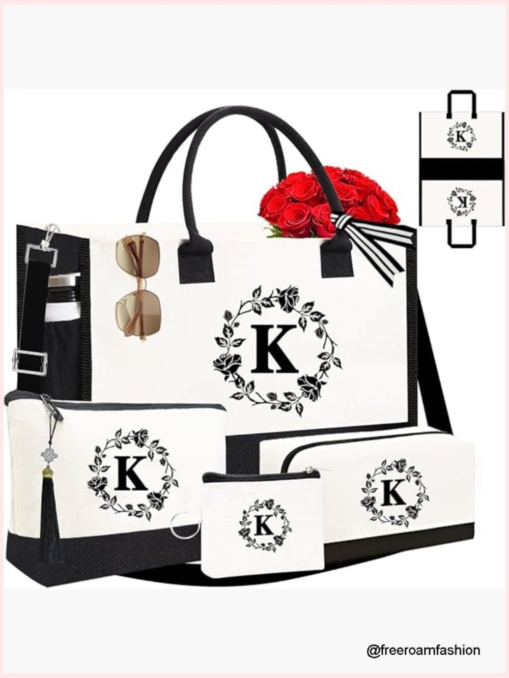 Large Canvas Tote Bag with 3 Makeup Bags, Double-Sided Embroidery, Adjustable
